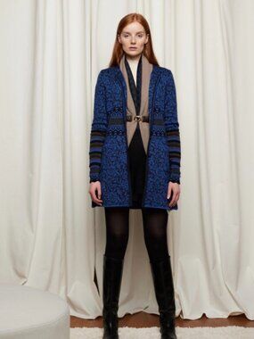 Oleana Silk Road Cardigan Dark Blue Merino Wool Long Line Button Front Nordic